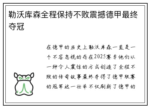 勒沃库森全程保持不败震撼德甲最终夺冠