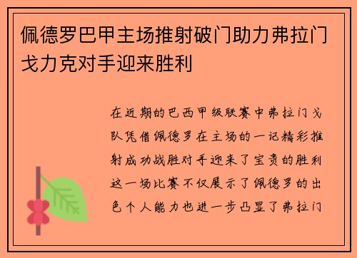 佩德罗巴甲主场推射破门助力弗拉门戈力克对手迎来胜利