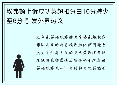 埃弗顿上诉成功英超扣分由10分减少至6分 引发外界热议